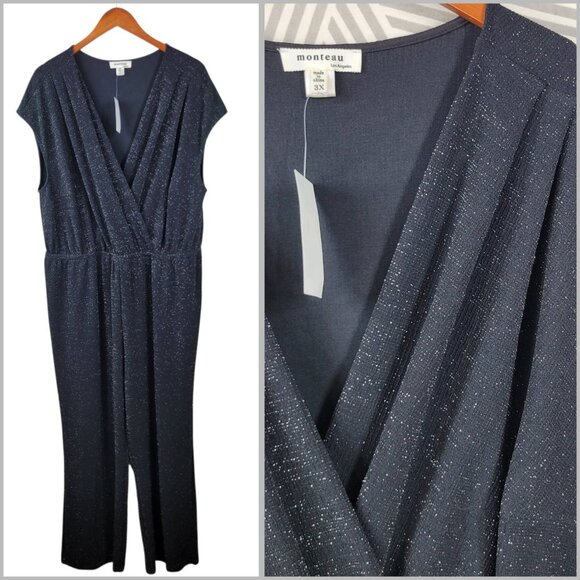 New Jumpsuit Plus Size 3X Playsuit Silver Black Stretchy Evening Event Wrap Top - Picture 1 of 8